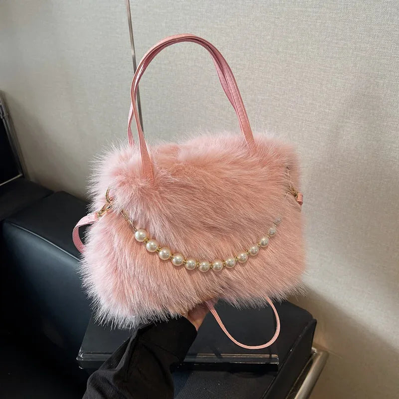 Candy Color Pearl Handle Women's Plush Crossbody Bag Portable Female Furry Handbags Winter Fashion Casual Shoulder Bags