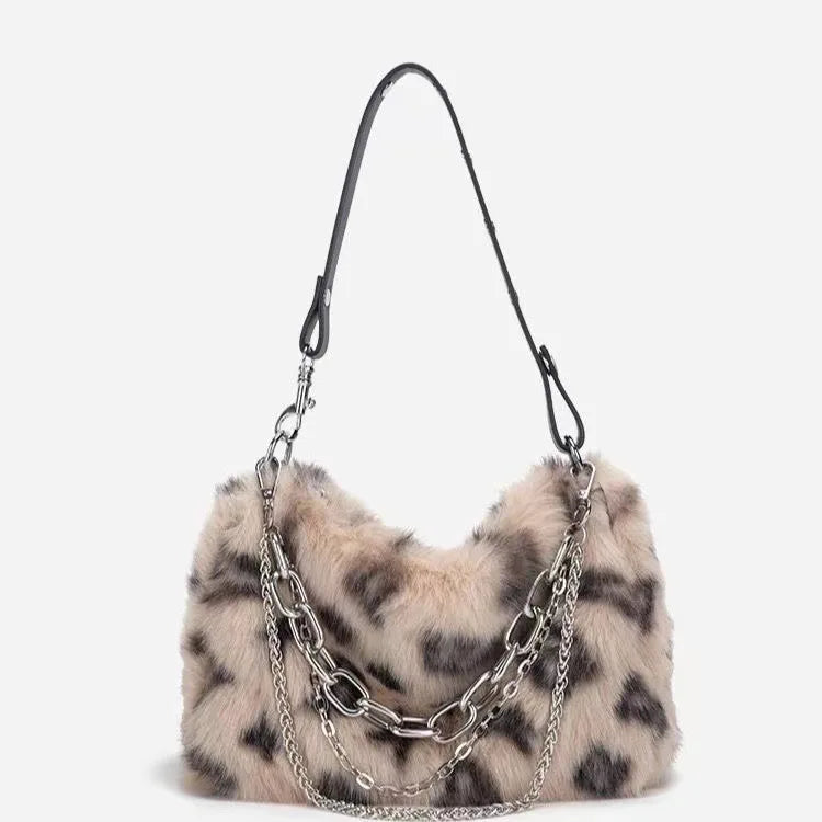 New Faux Fur Leopard Shoulder Bag Women's Autumn Winter Chain Handbags Ladies Leopard Print Clutch Purses Fluffy Top Handle Bags