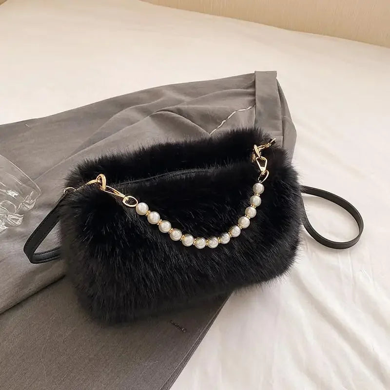 Candy Color Pearl Handle Women's Plush Crossbody Bag Portable Female Furry Handbags Winter Fashion Casual Ladies Shoulder Bags