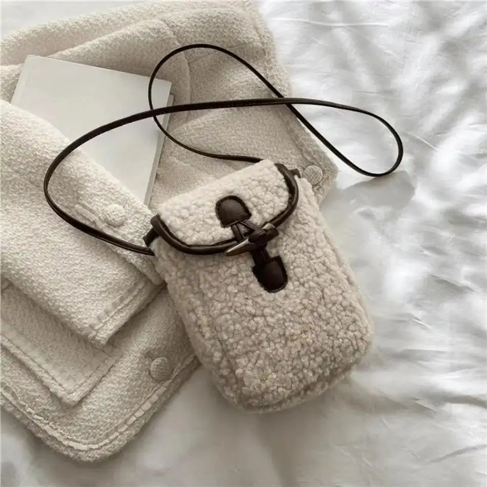 1 Pcs Women's Retro Lamb Fleece Bag Color Blocking Minimalist Mobile Phone Bag Single Shoulder Crossbody Small Bag