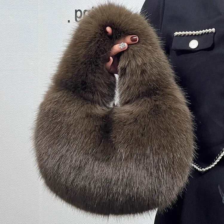 Winter Casual Furry Shoulder Bags for Women Solid Color Soft Plush Ladies Clutch Purse Handbags Lightweight Female Hobos Bag