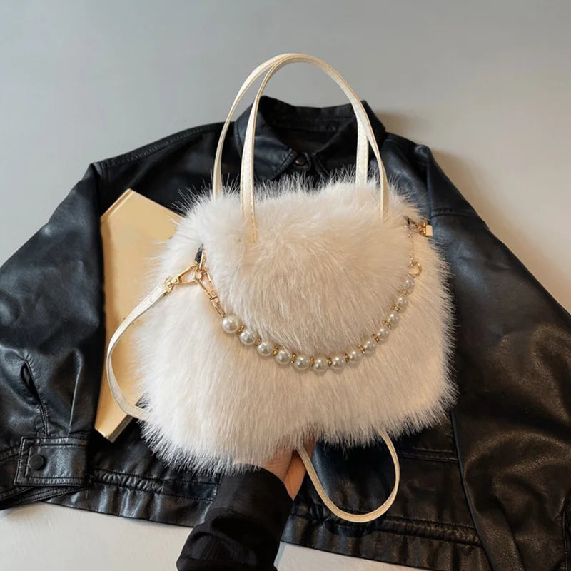 Candy Color Pearl Handle Women's Plush Crossbody Bag Portable Female Furry Handbags Winter Fashion Casual Shoulder Bags