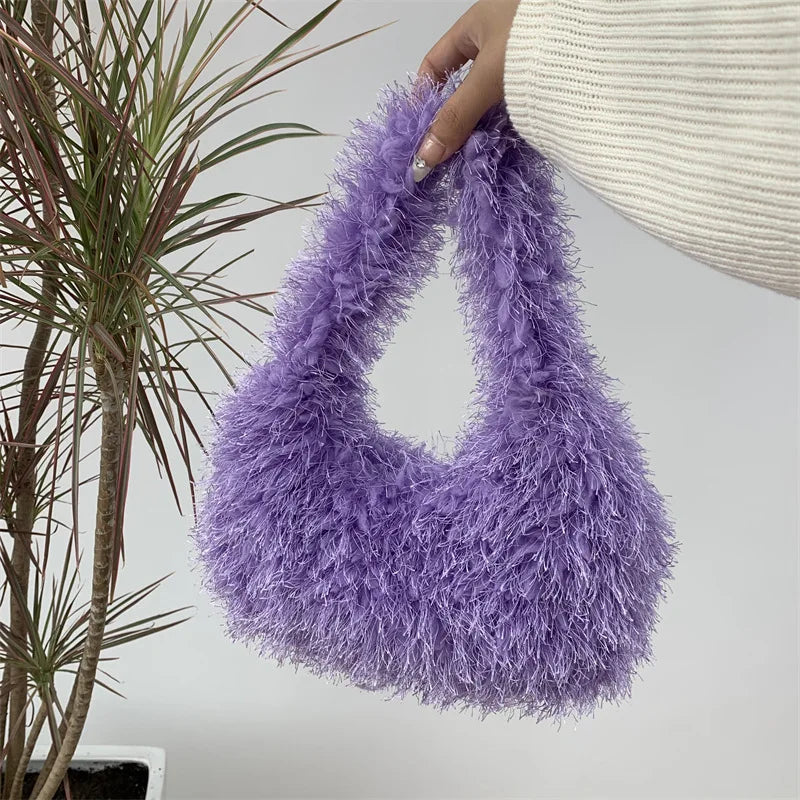 Solid Color Faux Fur Women's Furry Shoulder Bag Sweet Winter Plush Ladies Tote Handbags Simple Female Underarm Bags Purse Clutch