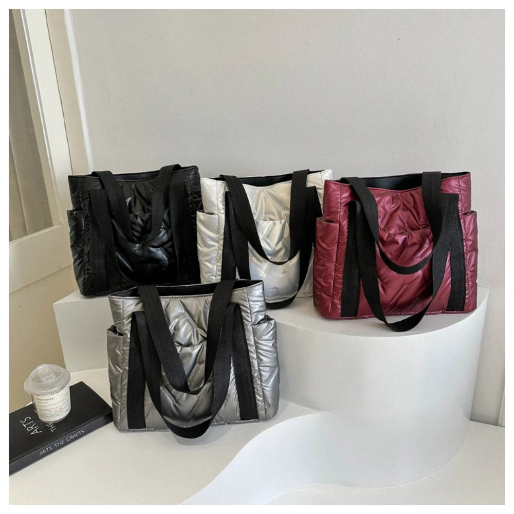 Space Padded Women Shoulder Bags For Winter 2025 Large Capacity Black Handbags Designer Nylon Cotton Warm Tote Solid