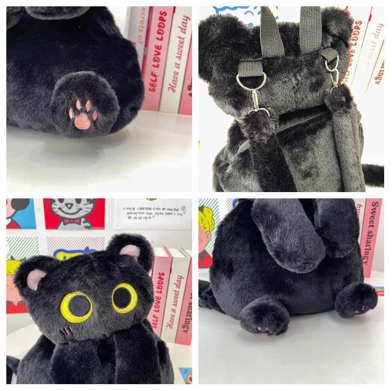 Winter Cute Soft Plush Cartoon Cat Backpack Girls Kawaii New Style Versatile Furry Crossbody Bag Personality Black Portable Bag
