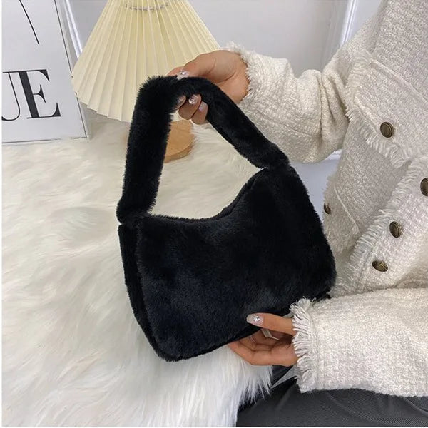 Fluffy Tote Bags Soft Plush Shoulder Underarm Bag Solid Color Purse Autumn Winter Handbag Women Lady Fashion Storage Pouch 2025