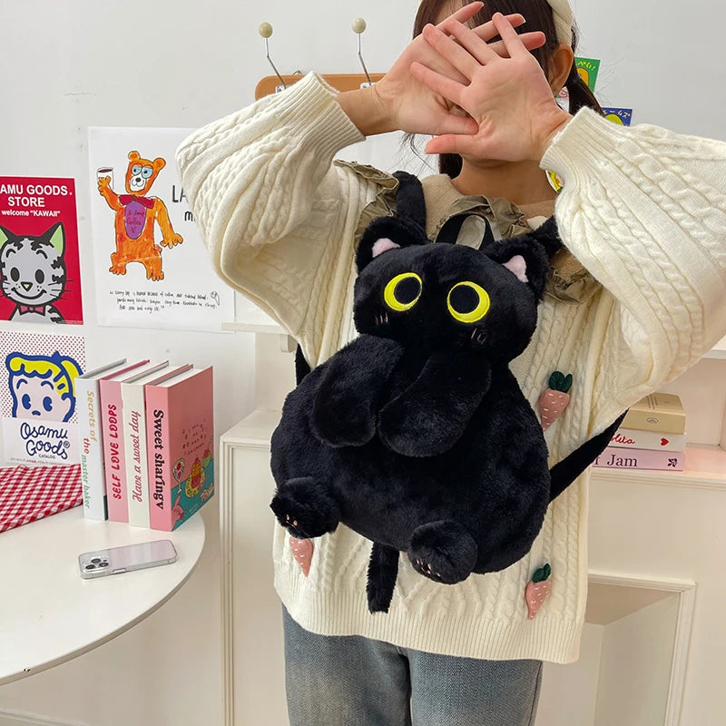 Winter Cute Soft Plush Cartoon Cat Backpack Girls Kawaii New Style Versatile Furry Crossbody Bag Personality Black Portable Bag