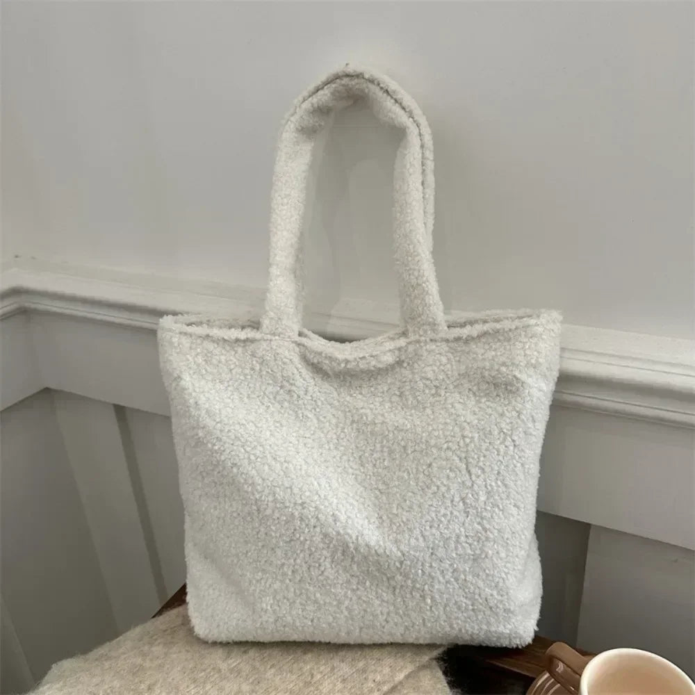 Fashion Large Capacity Lamb Plush Winter New Women Lady Bag Solid Texture Simple Elegant Warm Comfortable Handbag Shoulder