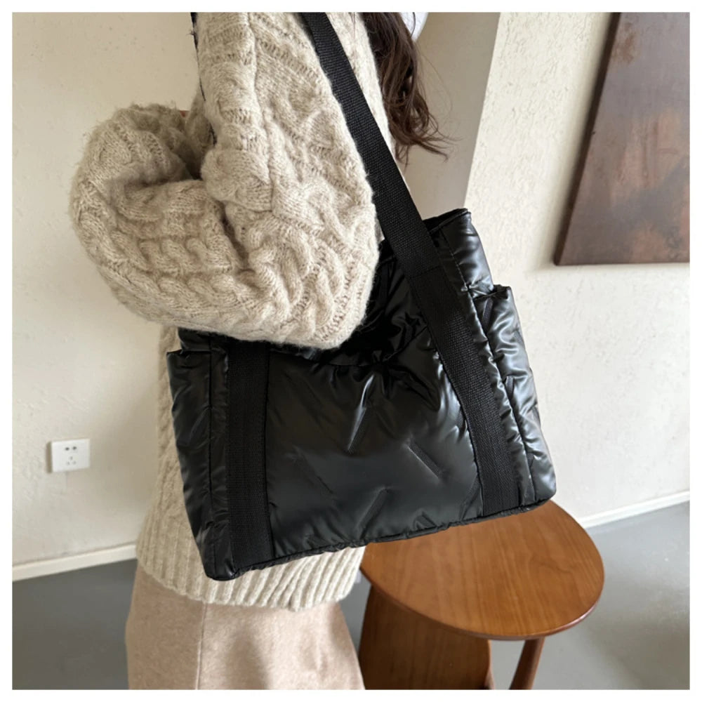 Space Padded Women Shoulder Bags For Winter 2025 Large Capacity Black Handbags Designer Nylon Cotton Warm Tote Solid